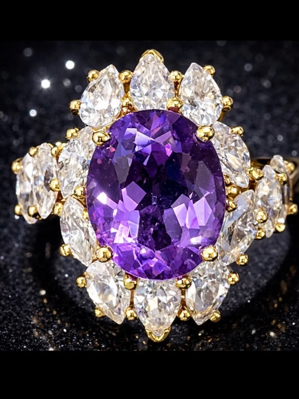 Suzanne Somers vintage purple amethyst CZ statement cocktail ring band gold HSN